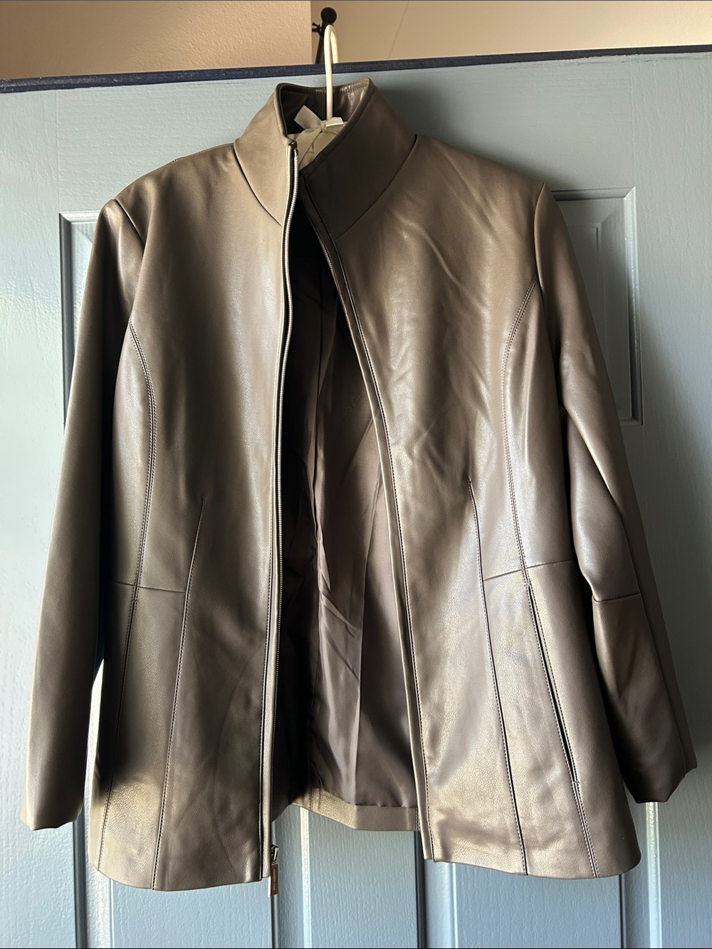 Kenneth Cole Women’s Taupe Faux Leather Zip-Front Jacket